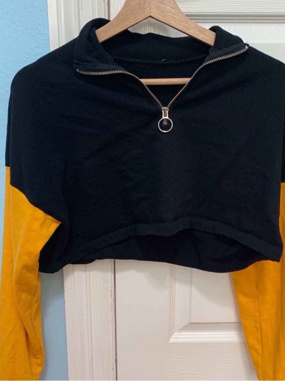 Forever 21 Black Cropped Pullover with Yellow Sleeves